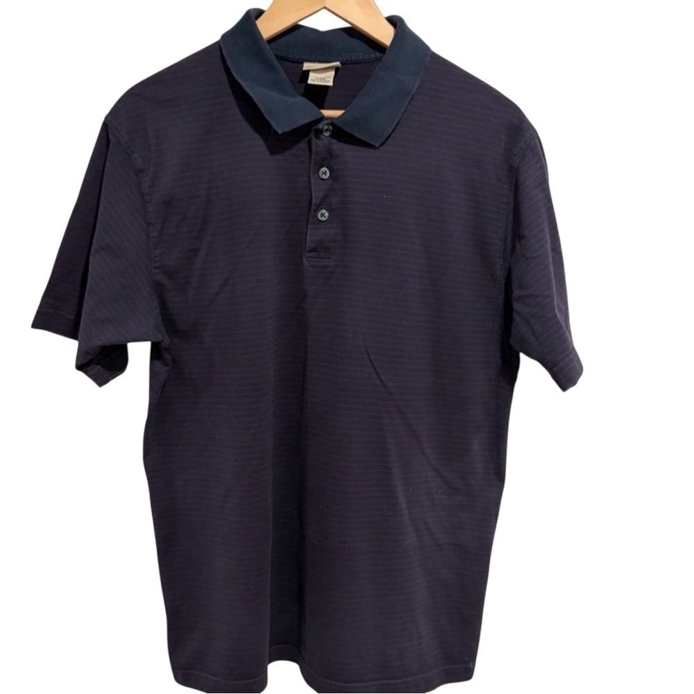 Vintage LL Bean Bean Men’s Dark Blue Striped Polo Short Sleeve Shirt Cotton
